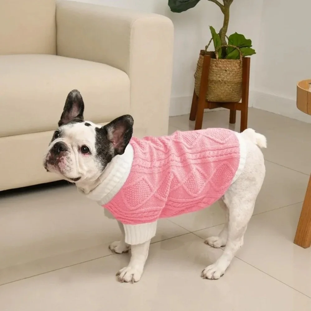 Pink Cable Knit Dog Sweater Turtleneck Warm Pet Jumper Soft‎ Winter Clothes